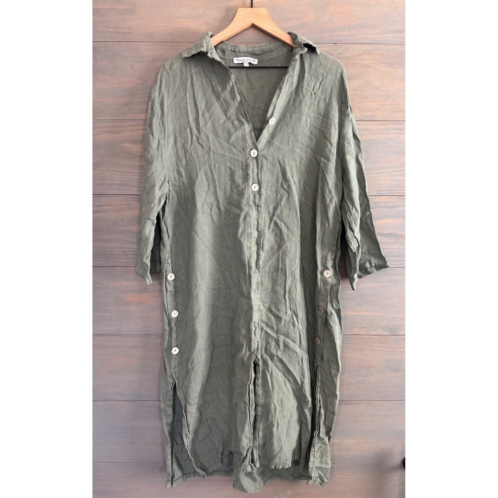 Tempo Paris Olive Green 100% Linen Button Side Slit Midi Shirt Dress Italy 1377A